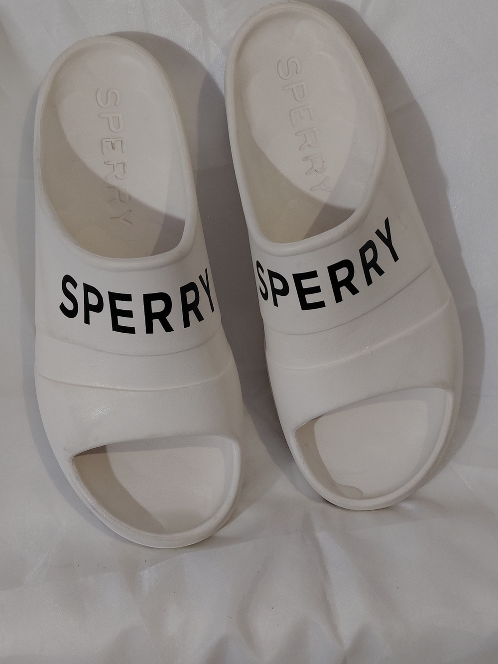 Sperry White Slide Sandals with Black Logo Band